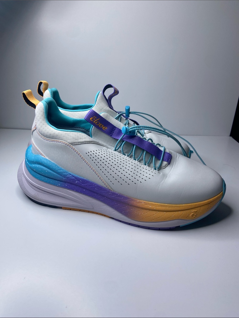 Women's White Athletic Sneaker with Turquoise, Purple & Gold Gradient